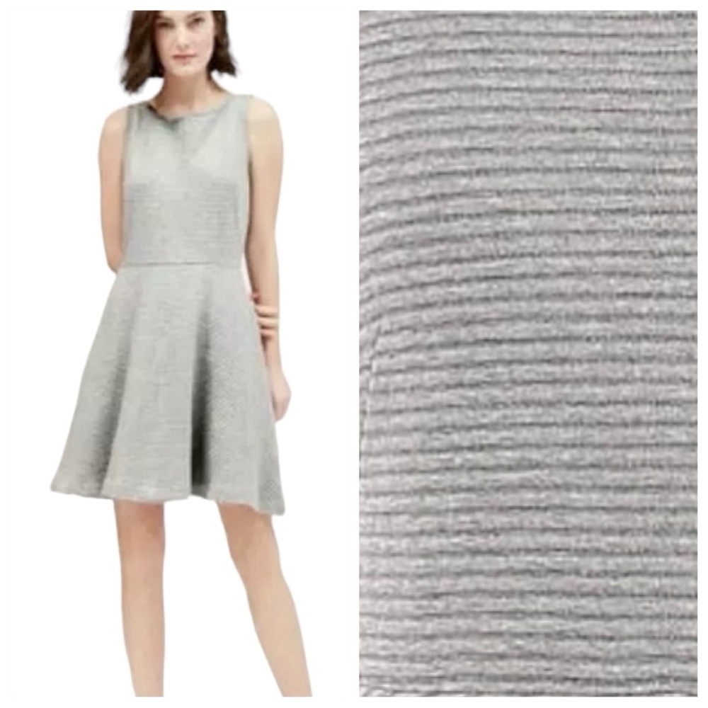 LOFT Gray Ribbed Fit & Flare A-Line Sleeveless Dress with Stretch, Cotton , 6